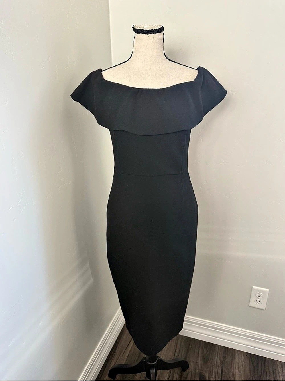 New Zara Black Off Shoulder Ruffle Midi Sheath Dress Size Medium